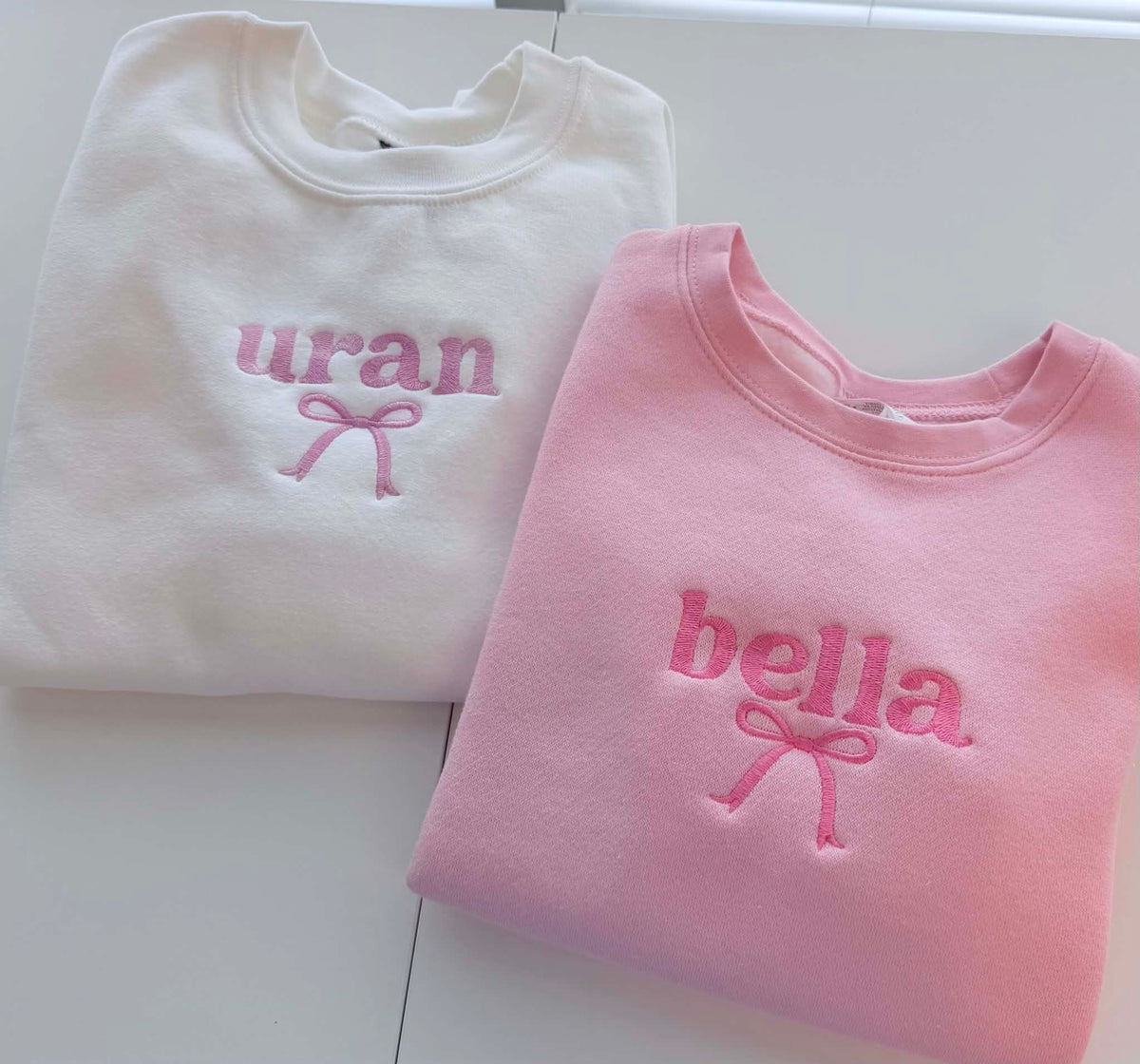 Kids custom name crewneck sweatshirt — embroidery detail
