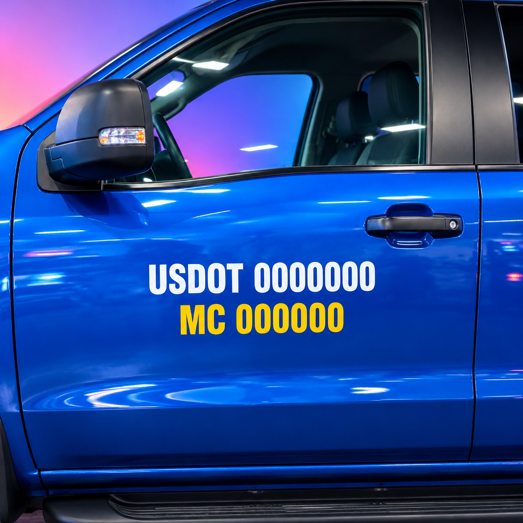 USDOT and MC number cut-vinyl lettering on a truck door