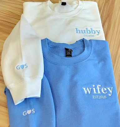 Embroidered hubby and wifey crewneck sweatshirts with sleeve initials