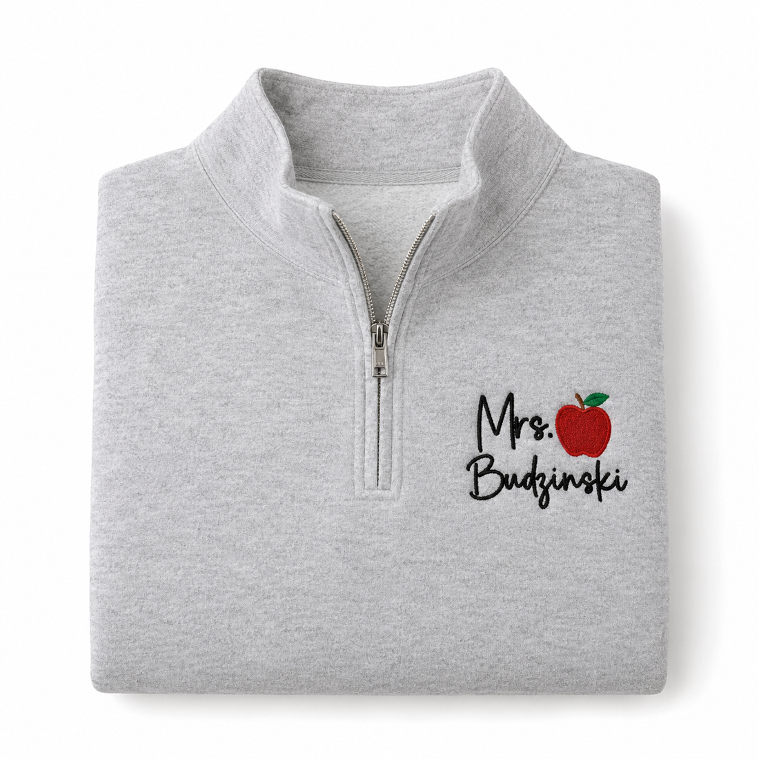 Personalized teacher half-zip sweatshirt with embroidered name
