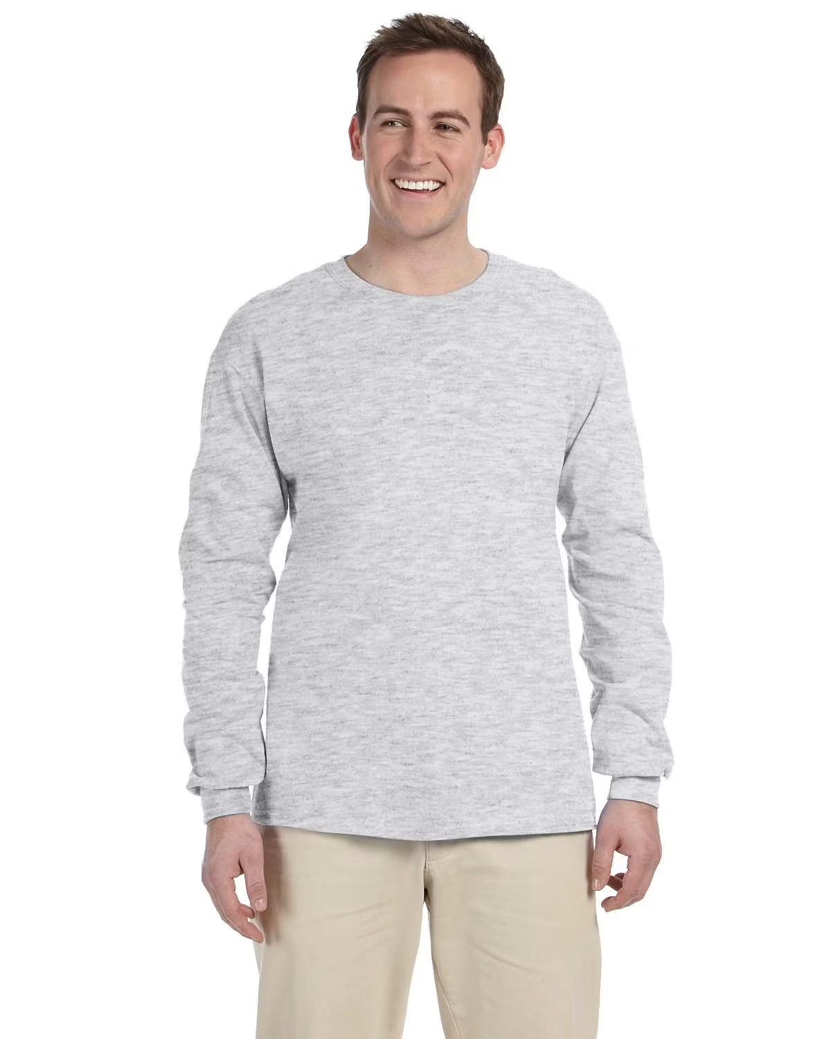 Gildan 2400 Ultra Cotton long-sleeve t-shirt in Ash — front view on model