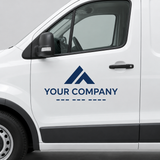 Cut vinyl logo decal applied to a white work van door