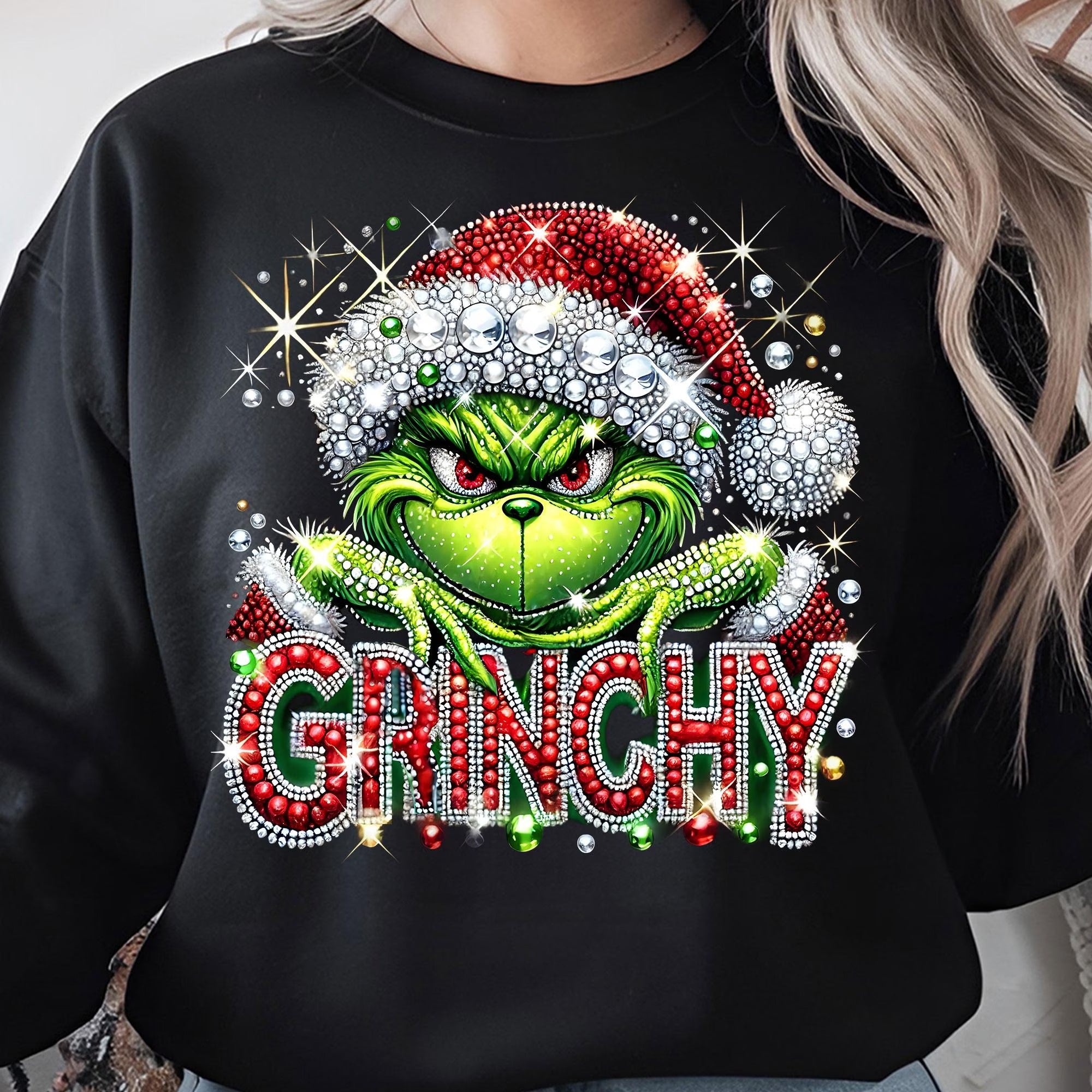 Sparkly Rhinestone Santa Hat Grinchy Transfer