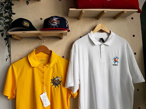 Embroidered company-logo polos in grey and black