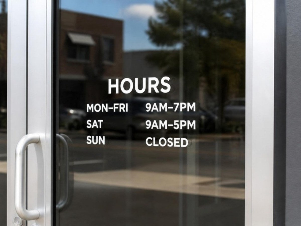 White cut vinyl store hours on a glass door