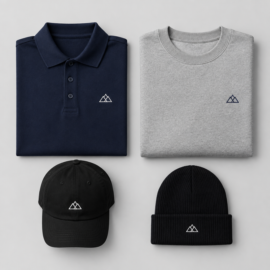 Embroidered polo, crewneck, cap and beanie with a stitched logo