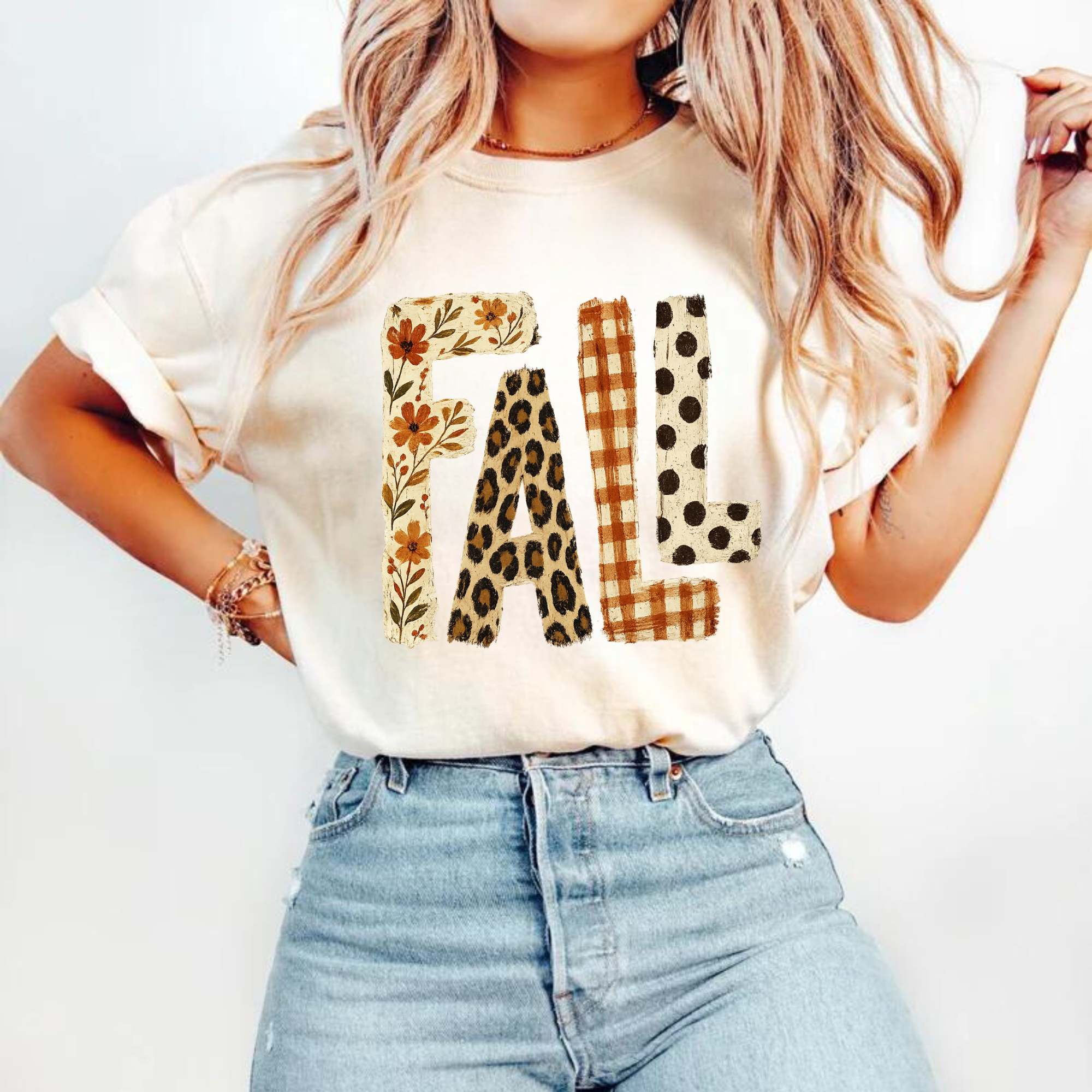Fall floral leopard gingham DTF transfer on a cream t-shirt