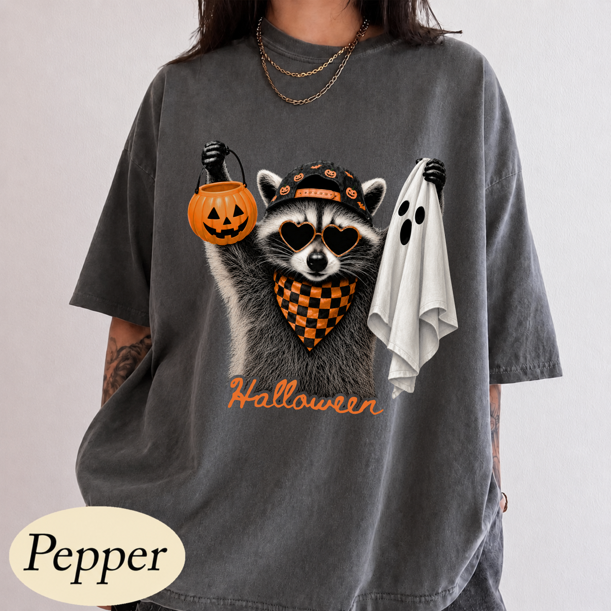 Halloween raccoon DTF transfer pressed on pepper grey Comfort Colors t-shirt