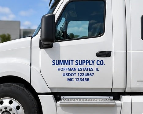 Company name, city and state, USDOT and MC numbers on a white truck door
